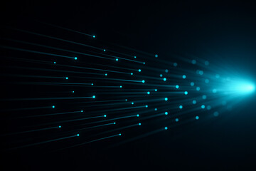 AI generated turquoise data beams streaming across a dark background with glowing points representing fast network transmission futuristic technology and dynamic digital movement
