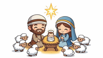Naklejka premium Nativity scene with Mary, Joseph, and baby Jesus. Cartoon illustration of holy family. Shepherds and sheep around manger. Star of Bethlehem shining above. Christmas and New Year holiday