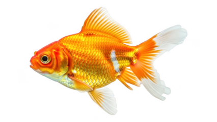 Vibrant orange goldfish isolated on transparent background with white fins swimming left