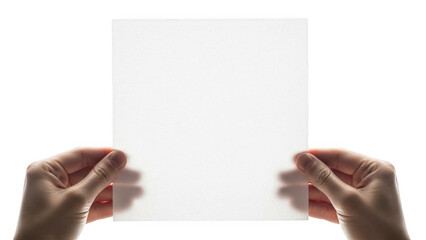 Hands holding a blank white card isolated on transparent background
