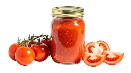 A glass jar of homemade tomato sauce with fresh tomatoes on transparent background