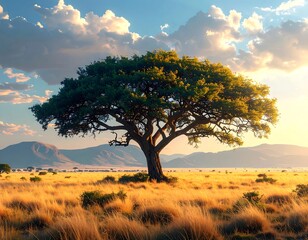 Large lone tree dominates vast, golden savanna under a bright sky