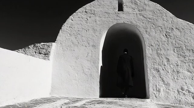 Monochrome Mystery - A Figure Enters a White Building in Stark Contrast.