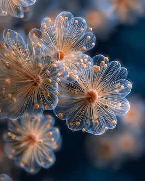 A cluster of many pollen grains, fine, sharp, and softly illuminated.