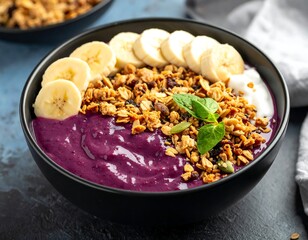 Healthy smoothie bowl with banana slices and granola on a textured blue surface