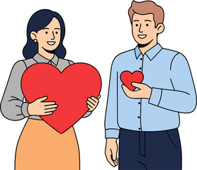 Happy Couple Holding Red Hearts for Valentine's Day Illustration