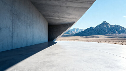 Concrete structure with vast desert and mountain view in the distance