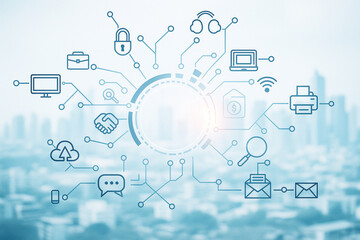 AI generated digital network ecosystem with interconnected icons representing cloud security communication data flow and smart technology on a clean modern blue background