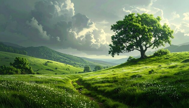 A vibrant vista of rolling green hills, a dirt path, a lone tree, and a cloudy sky
