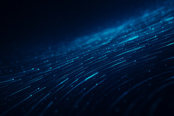 AI generated flowing luminous data lines on a dark blue background with dynamic motion and bright particles visualizing high speed connectivity and digital processing in a futuristic tech environment