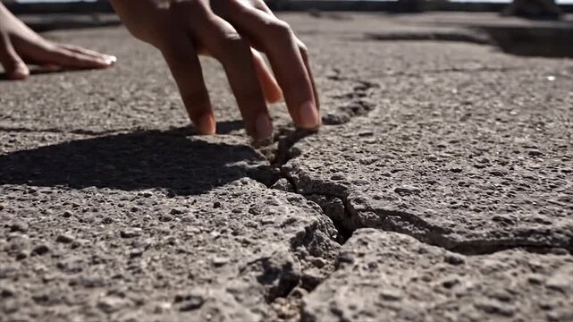 Close up of a hand touching a crack in the asphalt pavement.