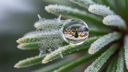 Macro shot of a snowflake and a water droplet on a pine needle, reflecting a cozy village scene with a Christmas tree, capturing the essence of winter magic