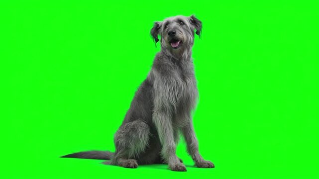 Wiry Irish Wolfhound sits poised on green screen with mouth open