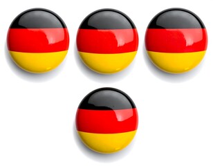 Four glossy pins with black, red, and yellow horizontal bands, forming a triangle