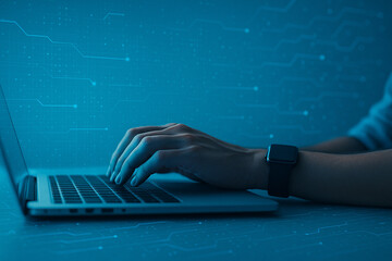 AI generated hands typing on a laptop with a blue digital overlay featuring data lines and particles creating a modern tech atmosphere suitable for IT cybersecurity software and online work themes