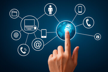 AI generated digital connectivity interface with glowing blue world icon touched by a finger linking multiple device symbols representing modern network access communication and online interaction