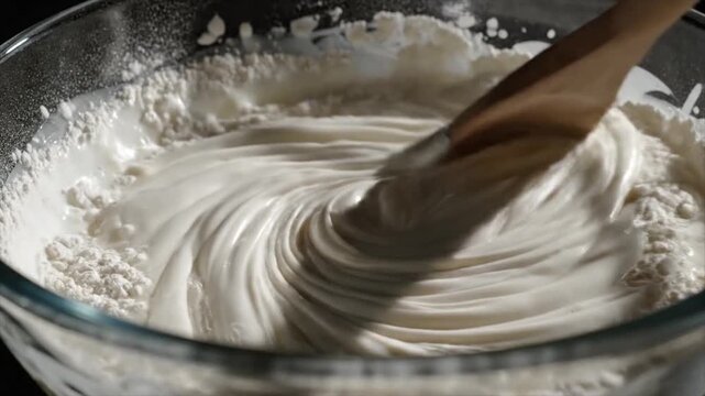Close up of mixing batter in a glass bowl with a wooden spoon.
