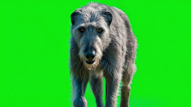 Majestic Irish Wolfhound on green screen walking towards camera