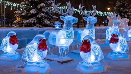 Enchanting ice sculptures of festive animals, including reindeer and birds with red chests, illuminated with blue light in a snowy park at night