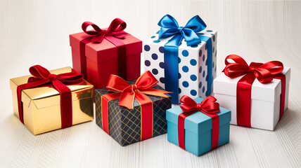 Obraz premium A collection of wrapped gift boxes arranged on a white textured background.