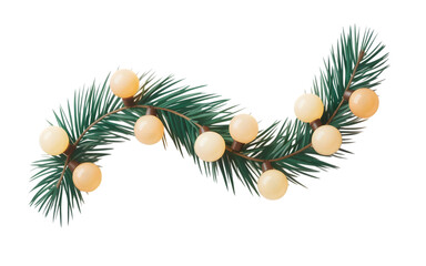 Naklejka premium Pine branch garland decorated with warm glowing LED lights set against a solid transparent background for festive holiday advertising layouts.