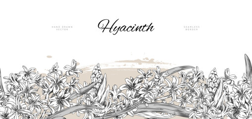 Obraz premium Hyacinth flowers engraved sketch vector seamless border design. Hand drawn spring blossom plant, blooming bouquet. Vintage ink style illustration on watercolor stain and lettering