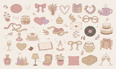 Neutral Valentine Aesthetic Clipart Bundle featuring cozy lifestyle items: candles, mugs, flowers, ribbons, hearts, envelopes, cakes, gifts, plants, books, and homey romantic objects