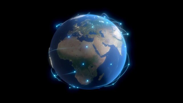 Global network connection and digital communication earth with technology data transfer and internet, AI machine learning connects worldwide points, futuristic blue light concept for global