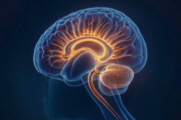 Detailed 3D rendering of the human brainstem and cerebral cortex, showcasing glowing neural pathways and internal anatomy for medical science