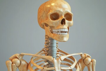 Detailed 3D rendering of the human skeletal system, showcasing skull, vertebrae, and rib cage, perfect for educational purposes