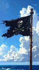 Illustration of a tattered pirate flag on a mast, against a bright blue sky