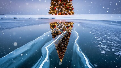 Striking reflection of a decorated Christmas tree in cracked ice on a frozen lake during a snowy night, creating a magical winter holiday scene