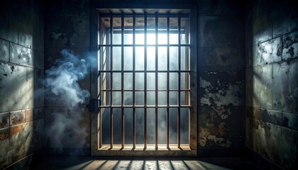Dark, dilapidated room with a barred window and smoke