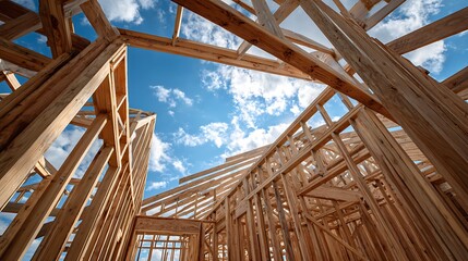 Wooden Frame Structure Under Construction With Blue Sky.