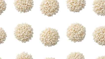 A beautiful, repeating pattern of creamy white sesame seeds, resembling tiny floral arrangements, on a crisp white background