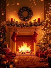 Cozy Christmas Eve Fireplace Scene with Stockings, Lit Tree, Wreath, and Gifts under Warm Bokeh Lights.