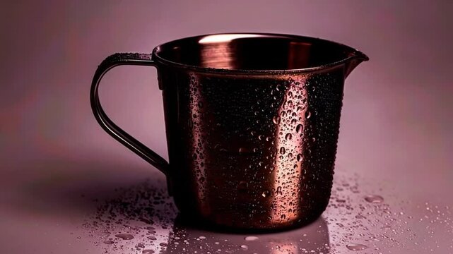 Metallic mug with handle isolated close up on pink background