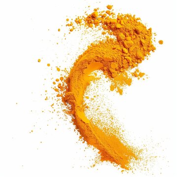 Bright turmeric powder splash, isolated on white background, dynamic food photography style.
