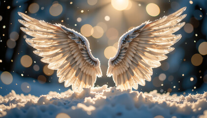 Ethereal Angel Wings Illuminated Over Snowy