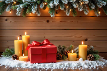 Festive Holiday Display with Candles and Gift Box