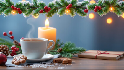 Cozy Holiday Scene with Hot Drink and Festive Decorations