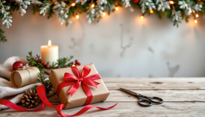 Festive Holiday Gift Scene with Pinecones and Candlelight