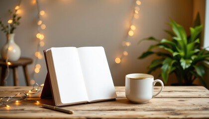 Cozy Workspace with Notebook and Warm Lighting