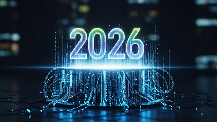 Vision of 2026: The year 2026 is displayed in a futuristic digital environment, showcasing technological advancement and innovation. It evokes a sense of anticipation and progress.
