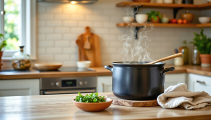 Cozy Modern Kitchen with Steaming Pot and Fresh Herbs