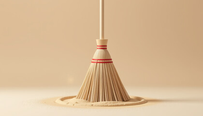 Small Wooden Broom Sand with Red Band