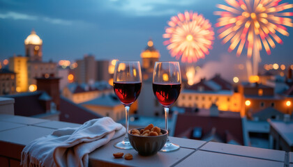 Celebratory Evening with Wine and Fireworks Over City Skyline
