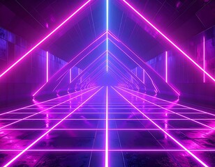 Neon lit hallway with symmetrical, geometric lines