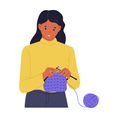 Illustration of Woman Knitting Wool Yarn. Person Engaging in Needlework and Creative Textile Hobbies