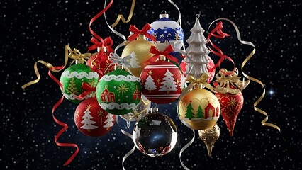 Arrangement of festive Christmas ornaments, baubles, and a tree against a dark, sparkling background with ribbons, evoking holiday cheer